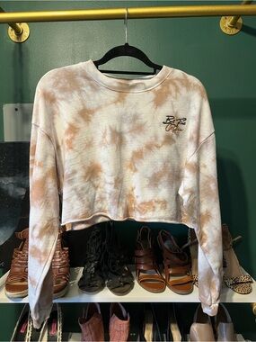 But First, Coffee - Cropped Tie-Dye Crewneck Sweatshirt - Beige White
